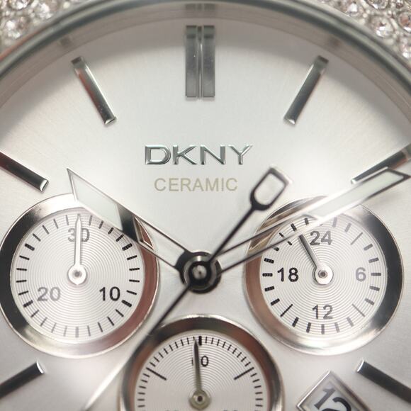 DKNY Broadway White Ceramic Chronograph Watch 43mm Silver Date w New Battery - Picture 7 of 14